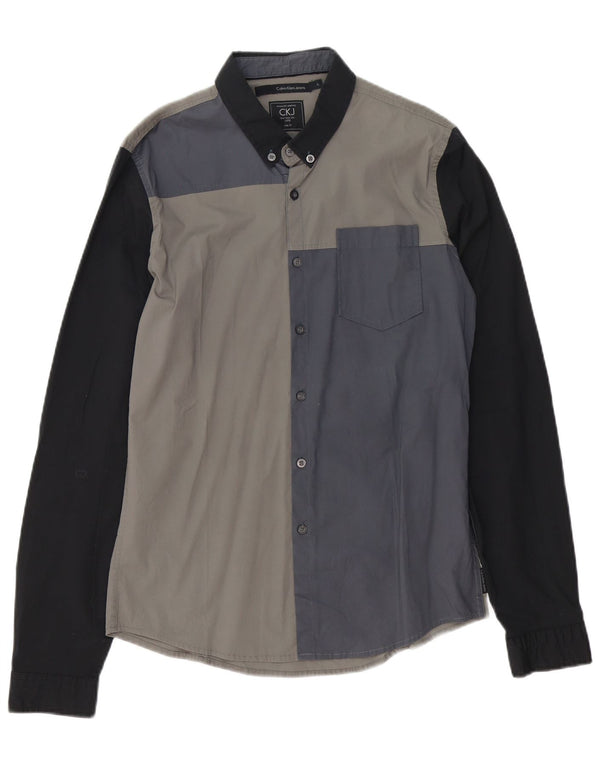 Cămașă slim pentru bărbați CALVIN KLEIN JEANS, bumbac color bloc, gri mare