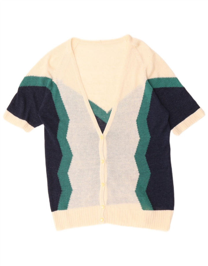 Pulover cardigan vintage pentru femei UK 12 Medium Off White Colorblock