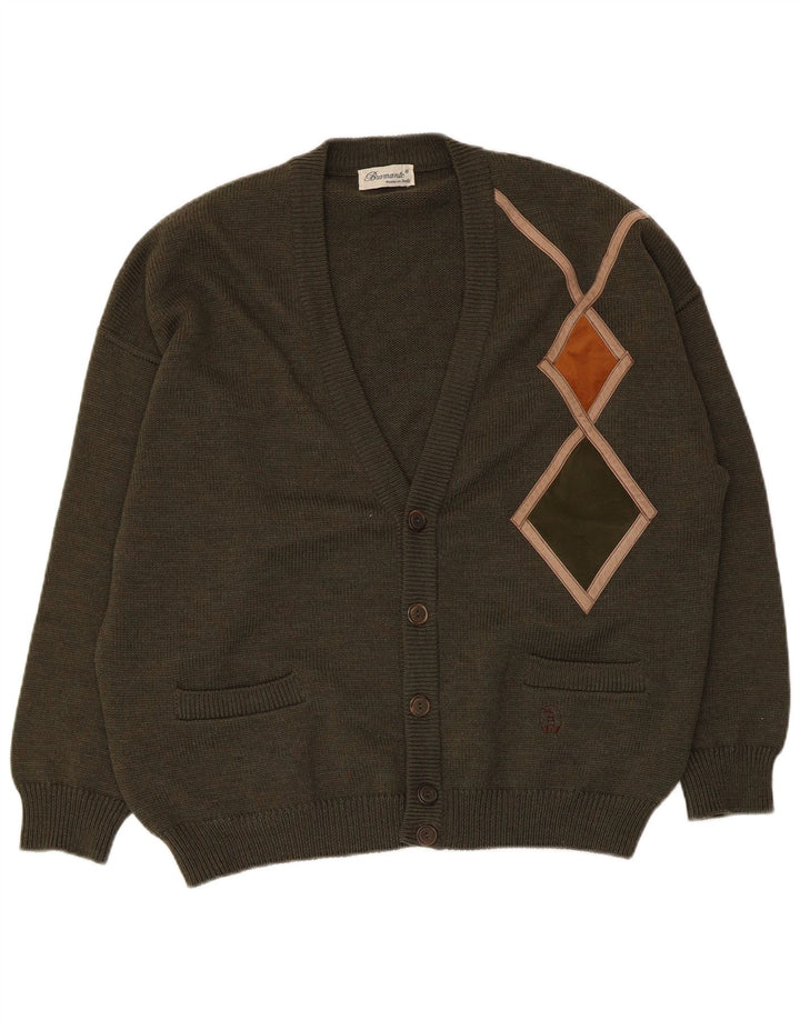 Pulover cardigan pentru bărbați Bramante, mare kaki, lână virgină Argyle/Diamond