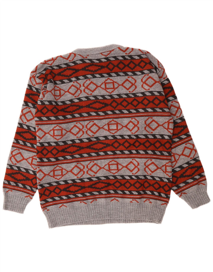 Pulover VINTAGE pentru bărbați cu gât roșu, acrilic geometric, gri mediu