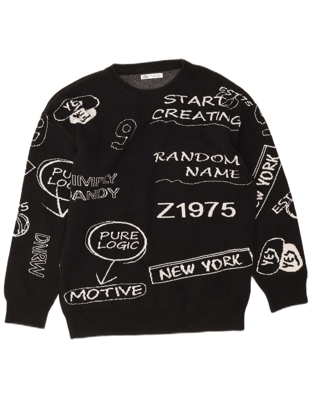 Pulover supradimensionat cu grafic pentru femei Zara UK 10 Bumbac negru mic