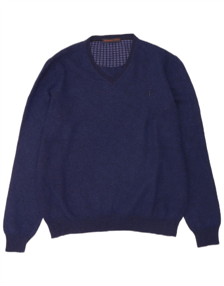 TRUSSARDI Pulover cu decolteu în V pentru bărbați 2XL Lână bleumarin