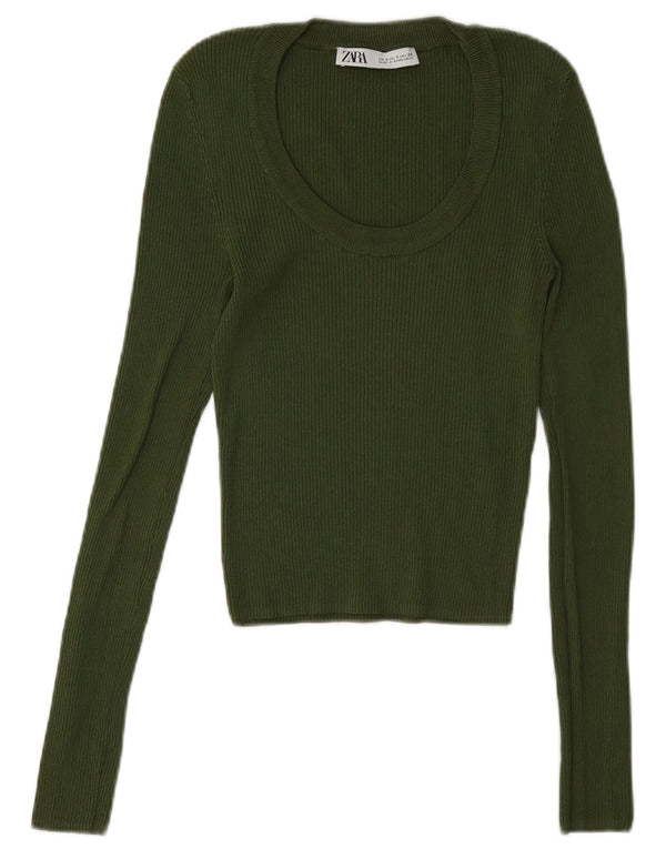 Top slim cu mânecă lungă pentru femei Zara UK 8 mic verde viscoză