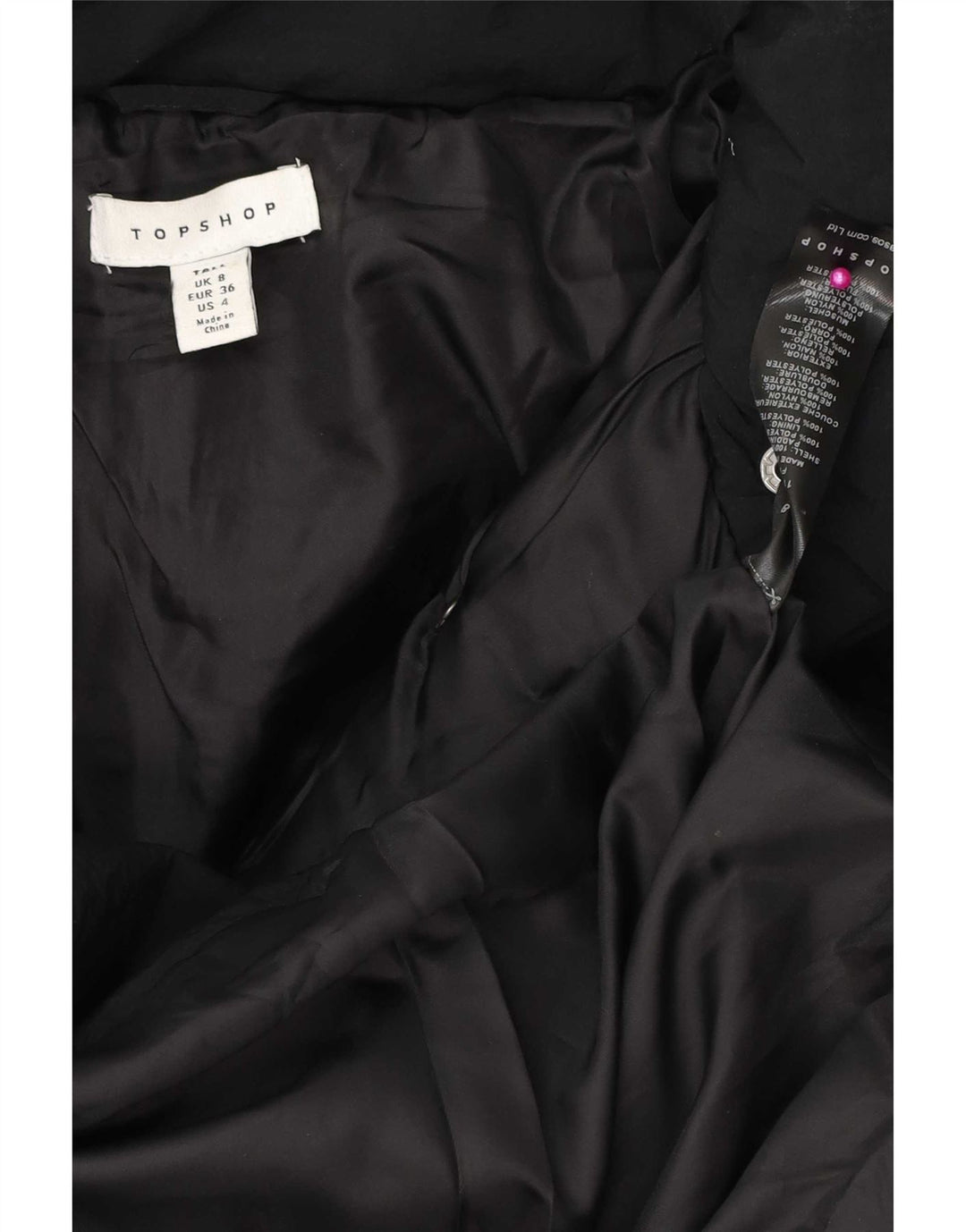 Topshop Jachetă căptușită supradimensionată pentru femei cu glugă, UK 8, poliester negru mic