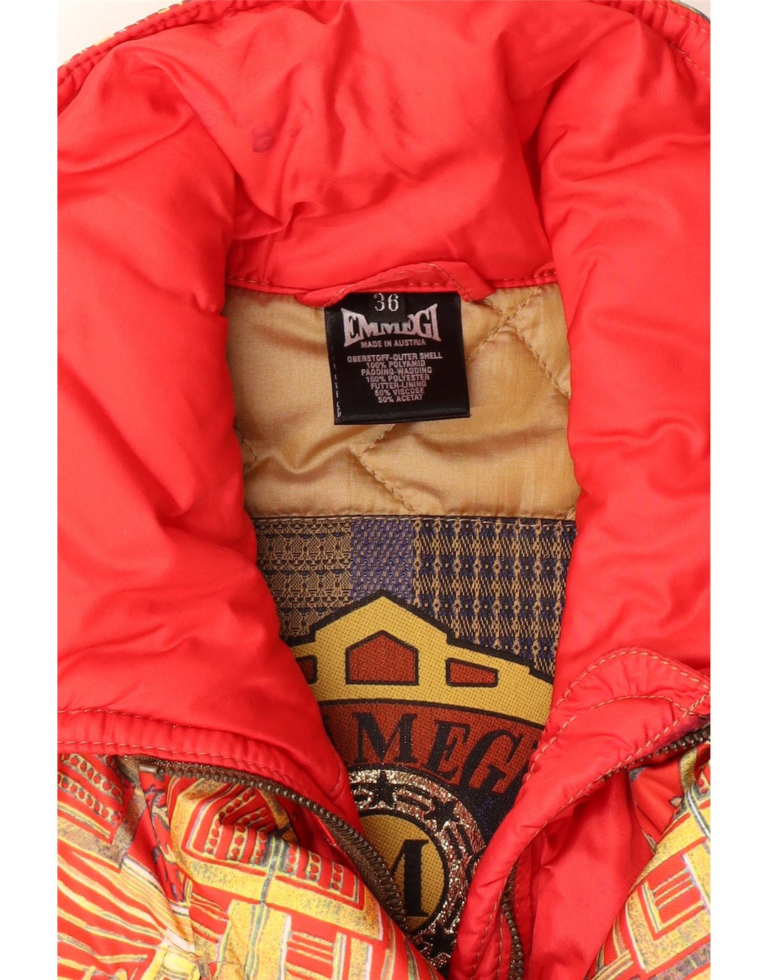 EMMEGI Womens Abstract Pattern Padded Jacket EU 36 Small Red Polyamide Vintage Emmegi and Second-Hand Emmegi from Messina Hembry 