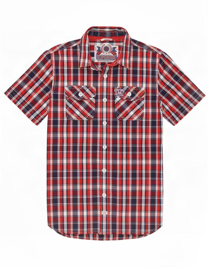 Cămașă cu mânecă scurtă pentru bărbați Superdry, bumbac cu carouri roșii medii