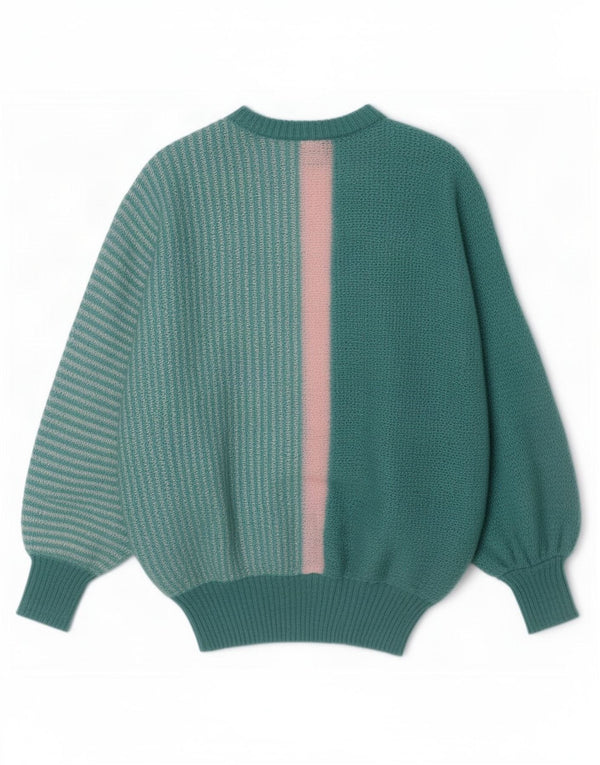 Pulover vintage pentru femei cu decolteu rotund UK 18 XL Turcoaz Colorblock