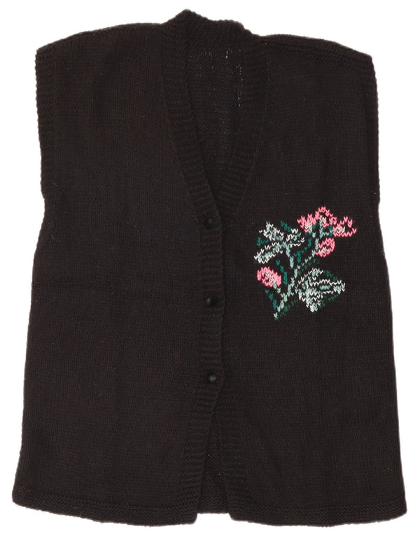 Pulover cardigan fără mâneci cu grafică vintage pentru femei UK 14 mare, negru, floral