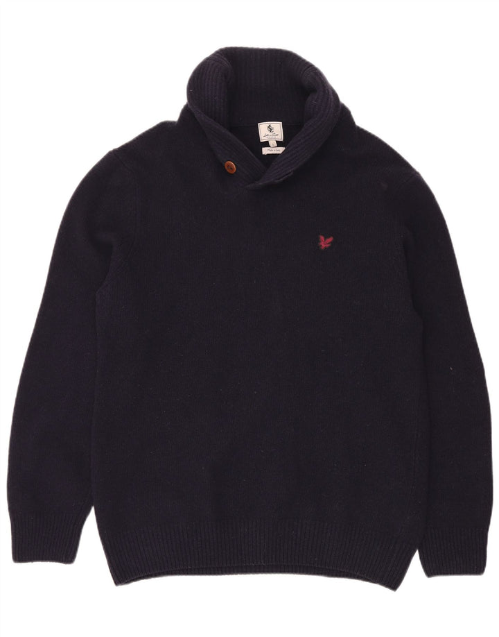 Lyle & Scott Pulover pentru bărbați cu gât șal, lână mare, albastru