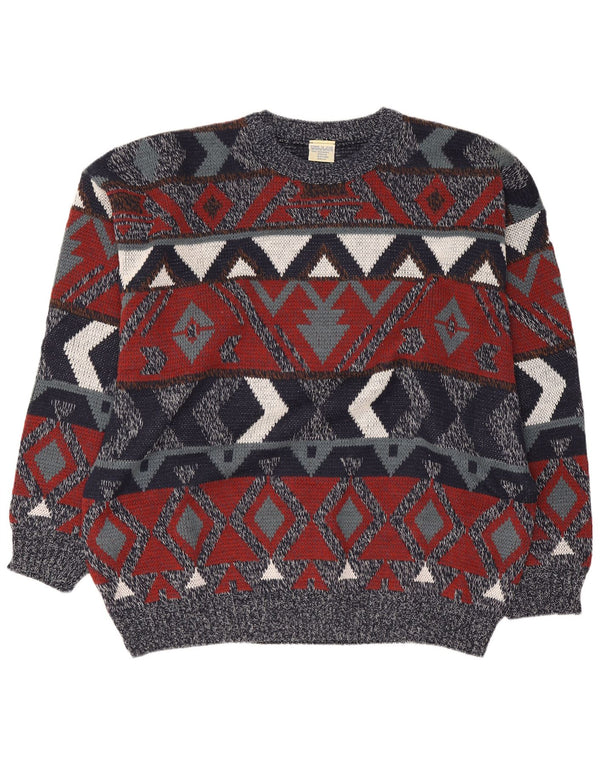 Pulover vintage pentru bărbați cu gât roșu Marea Britanie 46/48 2XL Bleumarin Geometric