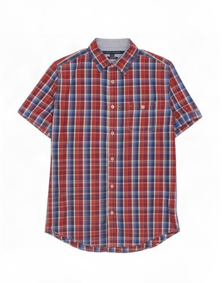 Cămașă personalizată cu mânecă scurtă Tommy Hilfiger pentru bărbați, bumbac cu carouri roșii medii
