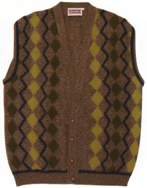 James Dillon Pulover cardigan fără mâneci pentru bărbați XL Kaki Argyle/Diamond