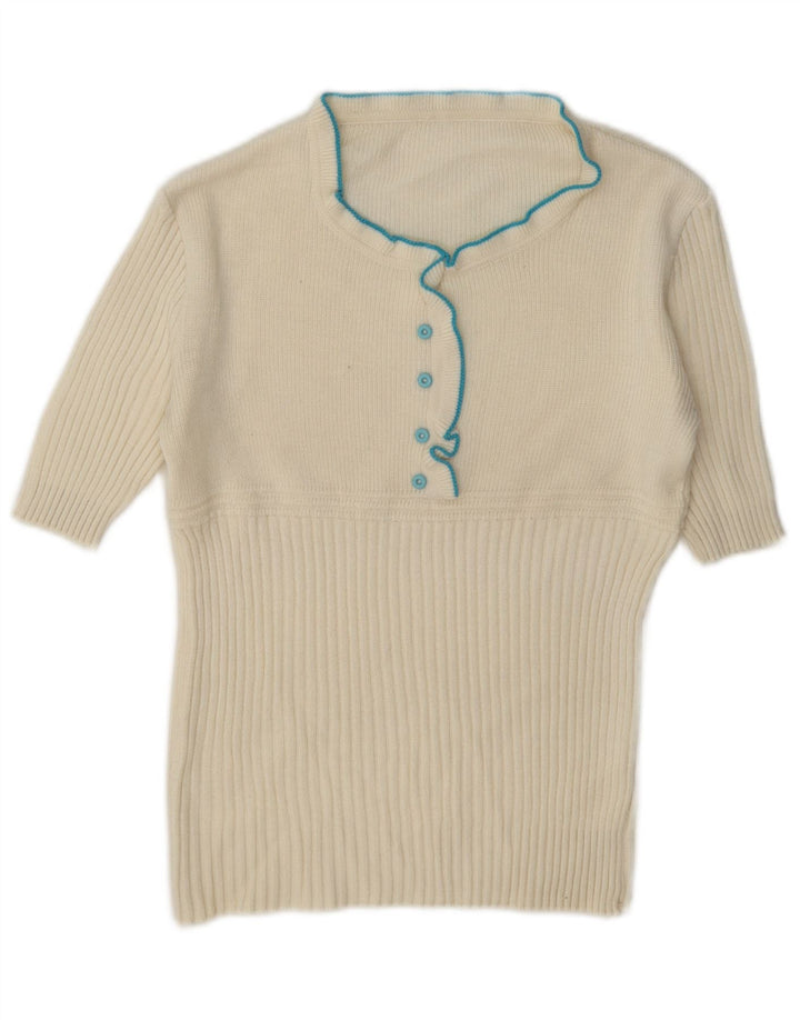 Pulover vintage pentru femei cu volane cu gât țestoasă, UK 12, alb mediu