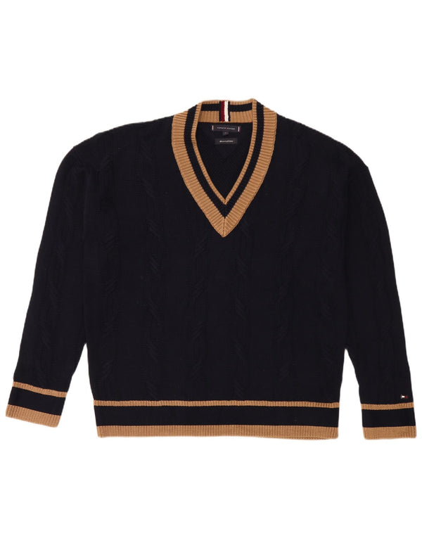 Pulover cu decolteu în V Tommy Hilfiger pentru bărbați, bumbac cu dungi albastru bleumarin mediu