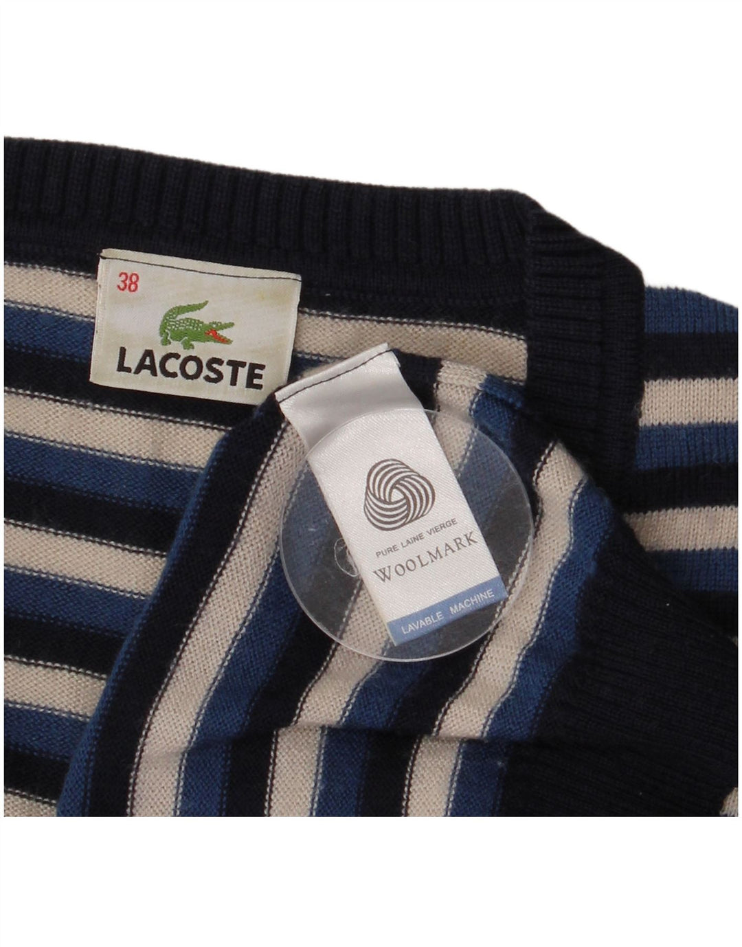 Pulover pentru femei Lacoste cu decolteu în V, mărime 38, lână cu dungi albastru bleumarin mediu
