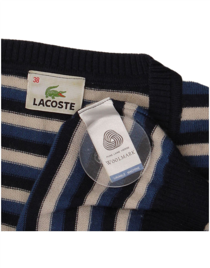 Pulover pentru femei Lacoste cu decolteu în V, mărime 38, lână cu dungi albastru bleumarin mediu