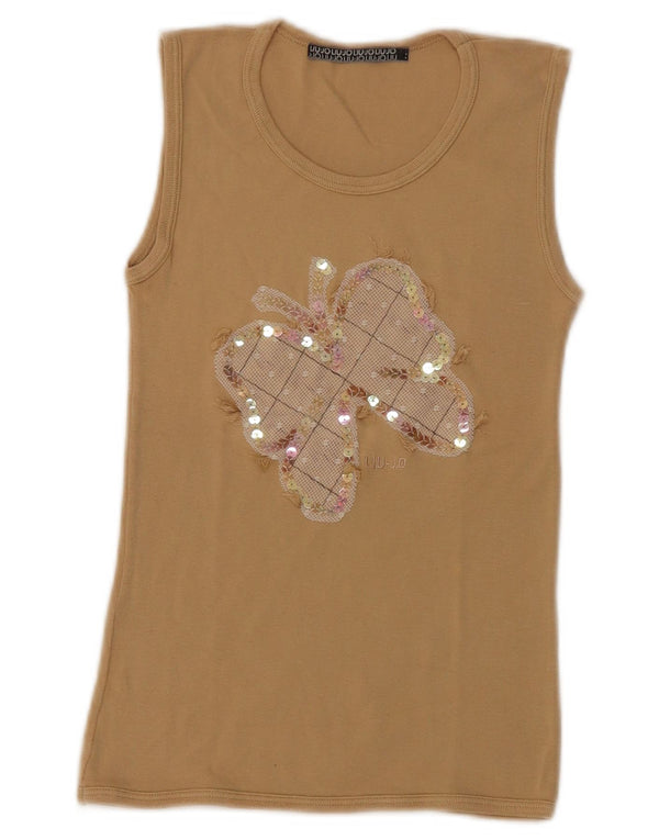 Liu Jo Femei Graphic Vest Vest Top UK 12 Medium Bej Bumbac Butterfly