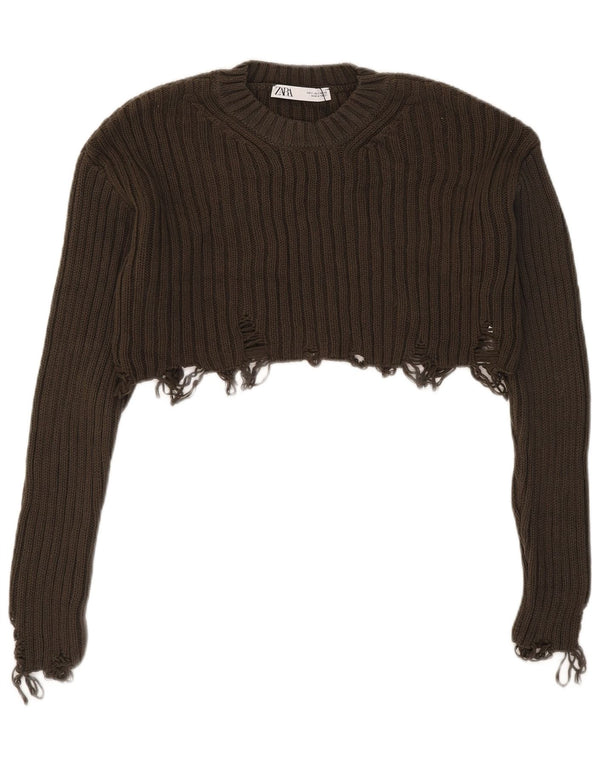 Pulover pentru damă Zara, crop distressed, cu gâtul turn, UK 10 Small Khaki