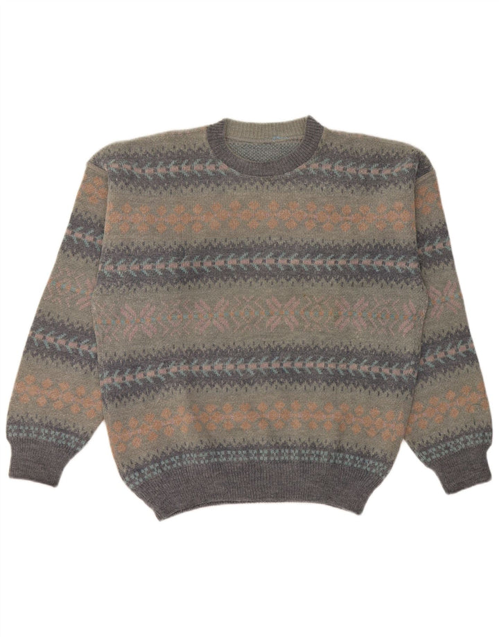 Pulover Vintage pentru bărbați cu gâtul turnat, mare, gri din lână Fair Isle