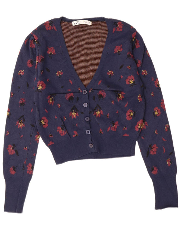 Pulover cardigan pentru femei ZARA UK 10 mic, albastru marin, cu flori din poliamidă
