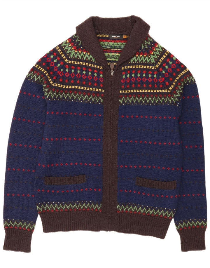 Pulover cardigan cu fermoar complet Farah pentru bărbați, lână Fair Isle, albastru mediu