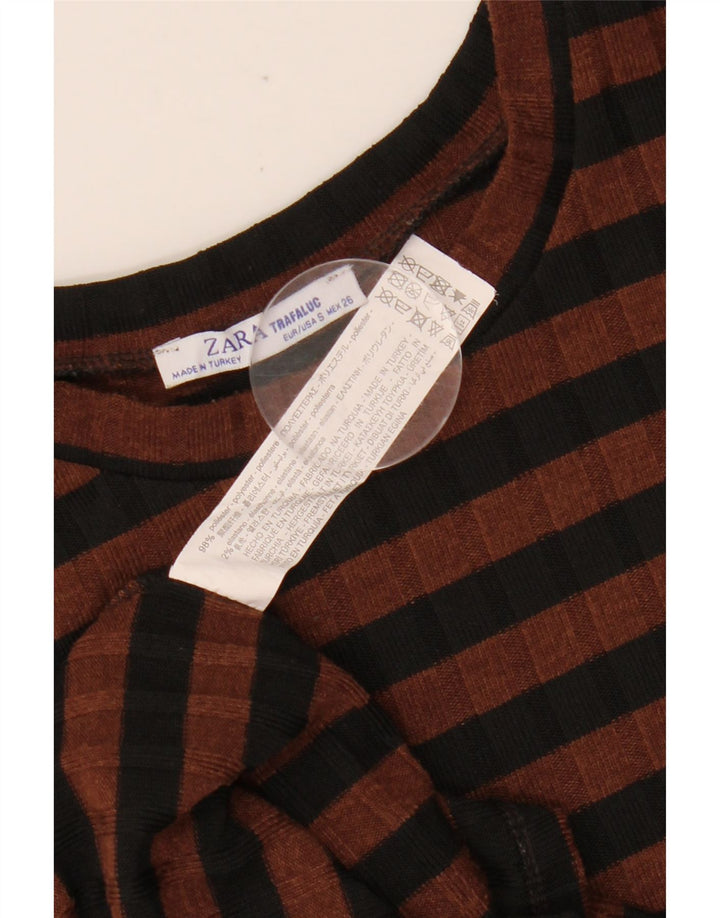 Rochie de damă ZARA cu mâneci 3/4 Bodycon UK 10 Poliester cu dungi maro mici