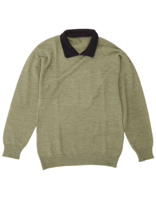 Pulover vintage pentru bărbați cu gât polo, verde mediu, color block