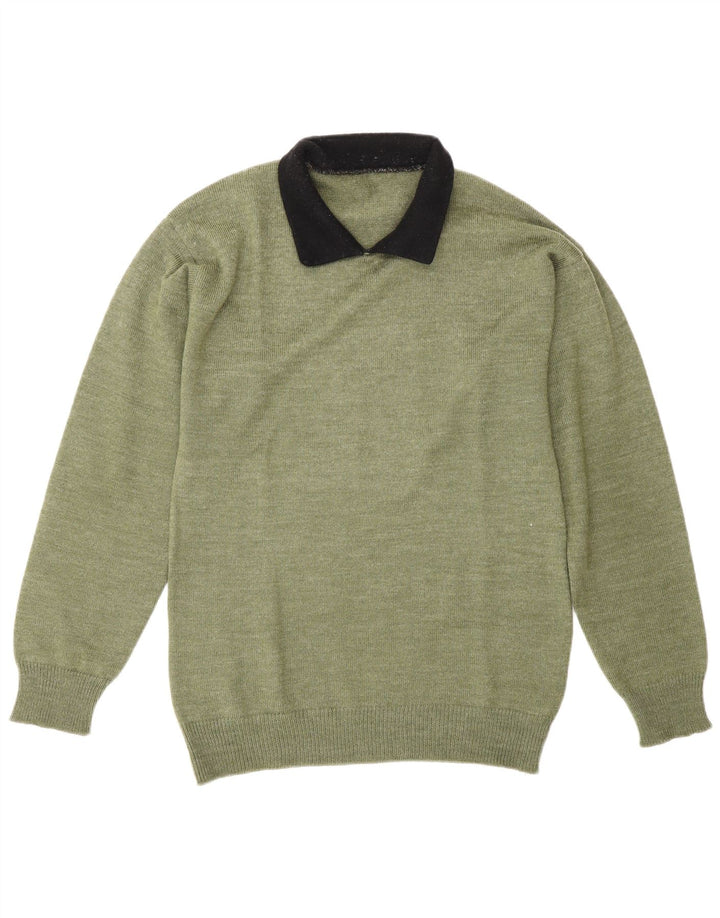 Pulover vintage pentru bărbați cu gât polo, verde mediu, color block