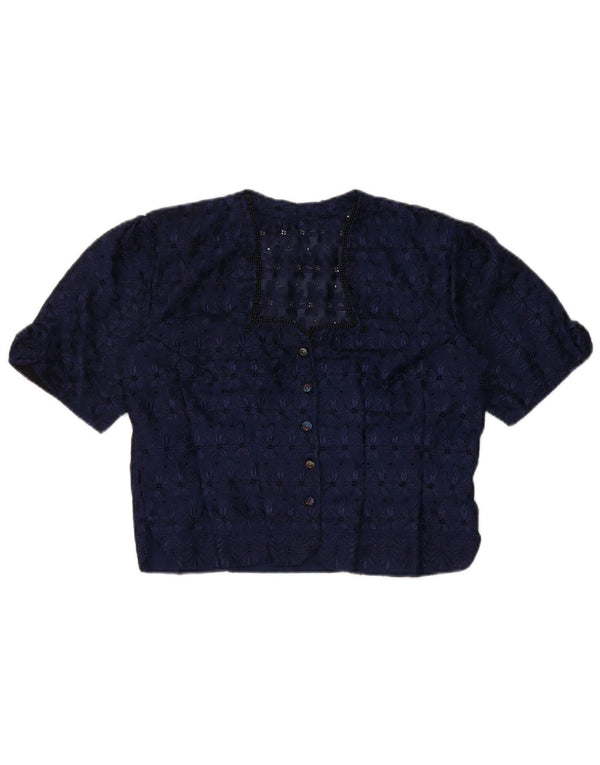 Vintage Womens Crop Short Sleeve Shirt Blouse UK 12 Medium Navy Blue Floral