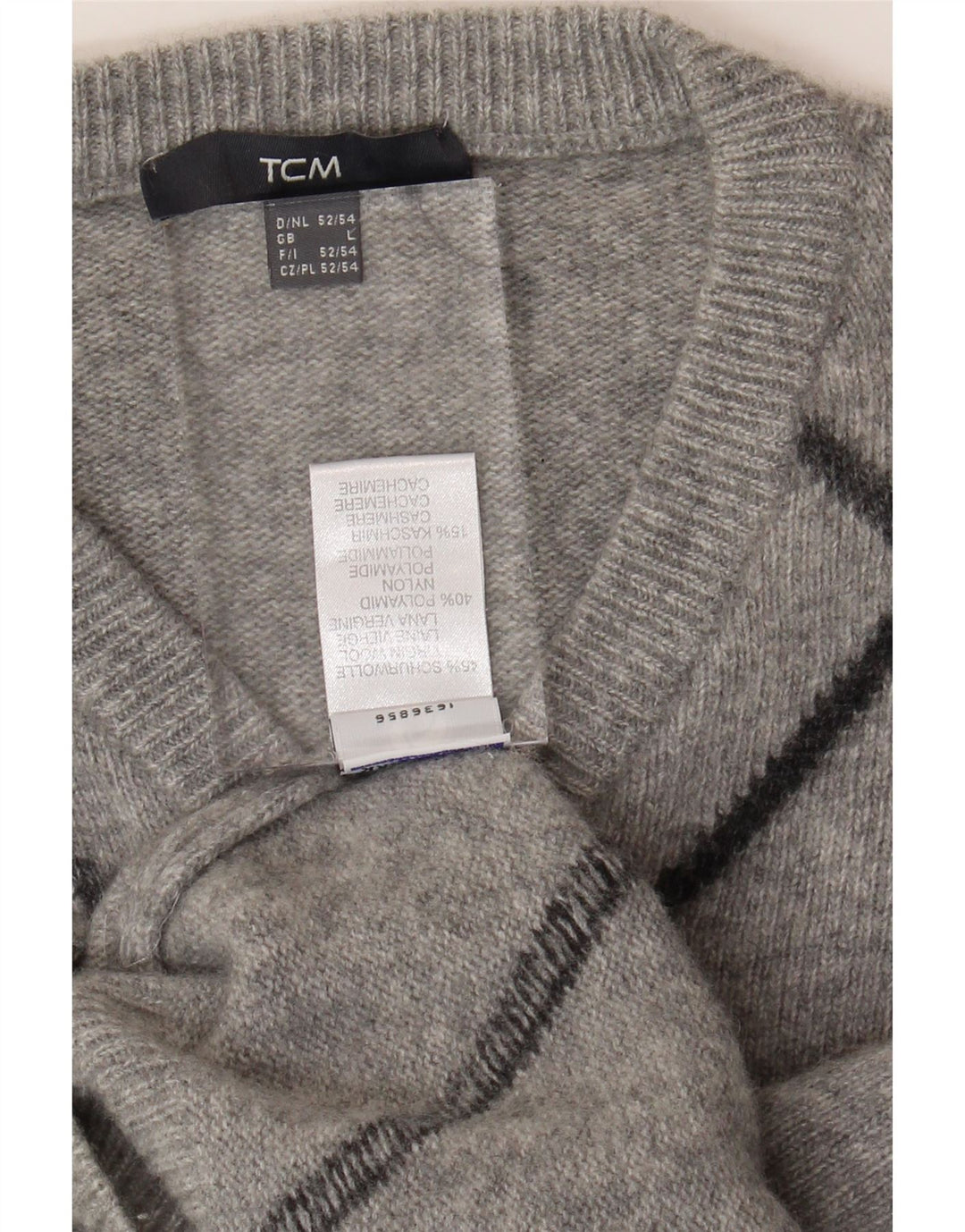 TCM Mens V-Neck Jumper Sweater Large Grey Argyle/Diamond Virgin Wool Vintage TCM and Second-Hand TCM from Messina Hembry 