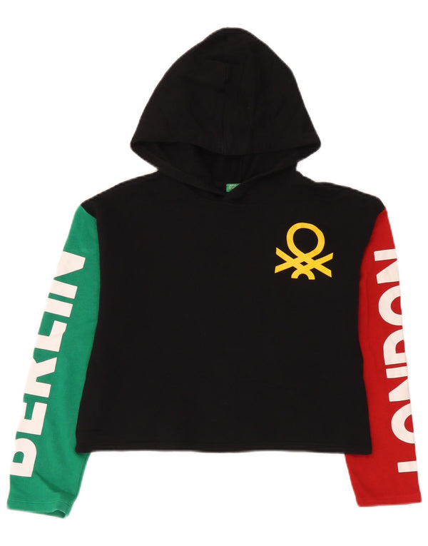 Pulover pentru fete Benetton Crop Graphic Hoodie 10-11 ani XL Negru Colorblock