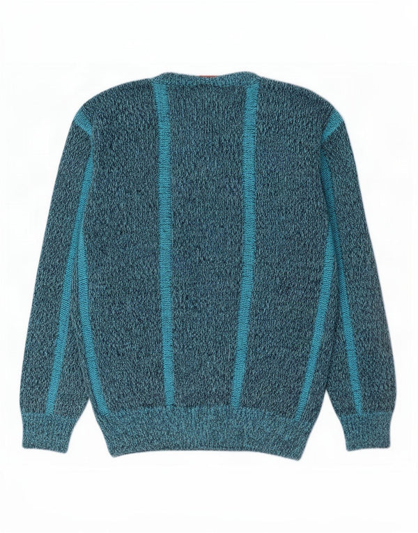 Pulover vintage pentru femei cu gât de barcă UK 14 Medium Blue Geometric Acrilic
