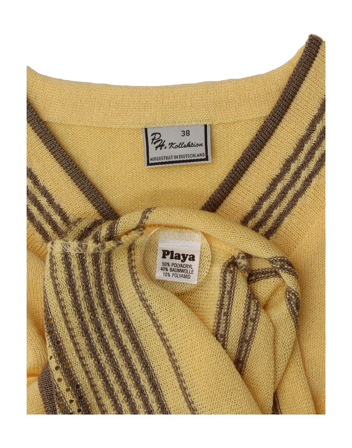VINTAGE Womens V-Neck Jumper Sweater EU 38 Medium Yellow Striped Vintage Vintage and Second-Hand Vintage from Messina Hembry 