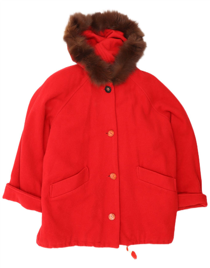 Pardesiu supradimensionat cu glugă Vintage pentru femei UK 14 Lână roșie medie