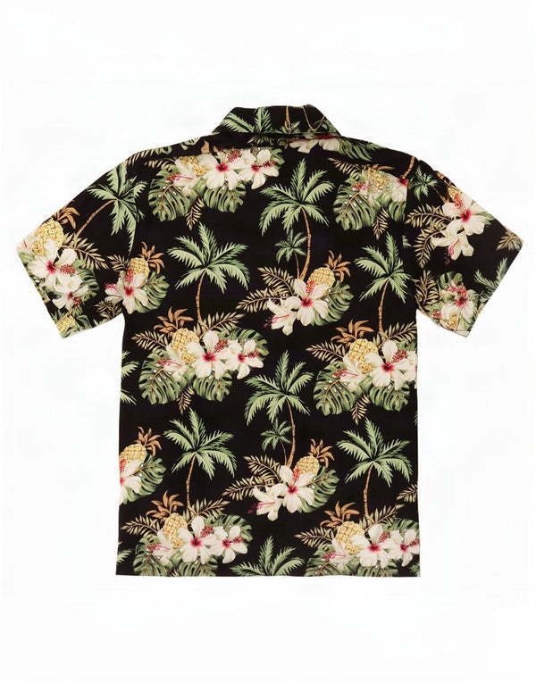 Cămașă vintage pentru bărbați cu mânecă scurtă, neagră medie, florală, din viscoză hawaiană