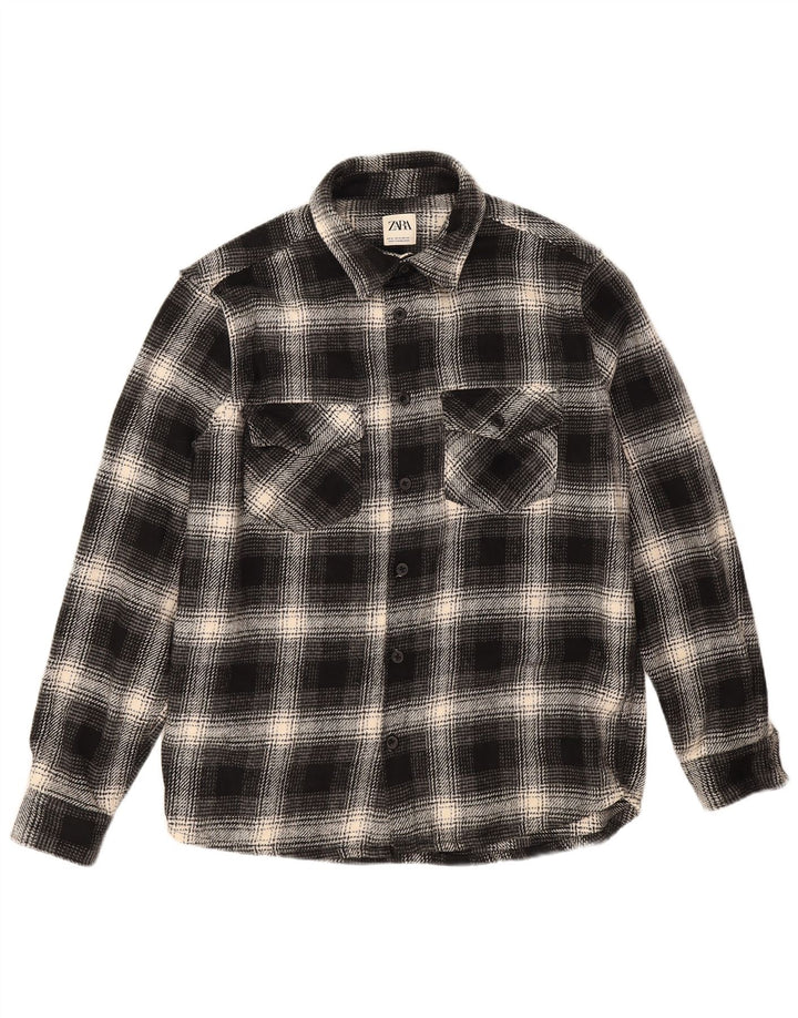 Cămașă de flanel pentru bărbați Zara, poliester caros negru mediu
