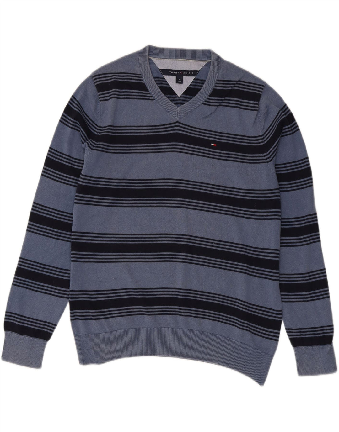 TOMMY HILFIGER Pulover cu decolteu în V pentru bărbați, bumbac cu dungi albastre medii