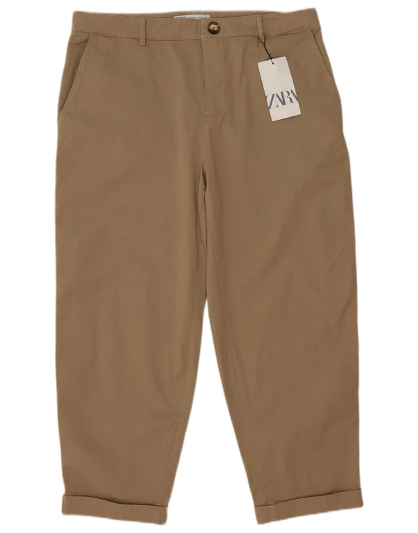 Pantaloni capri drepti pentru femei Zara EU 44 2XL W36 L26 Bej Bumbac