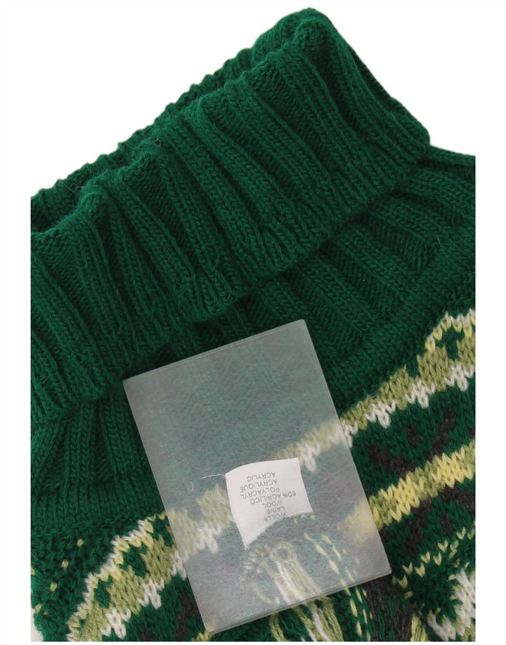 Pulover vintage pentru bărbați cu gât rulat, XL, lână Fair Isle, verde