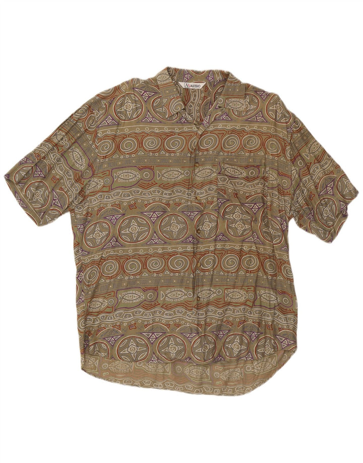 Cămașă vintage pentru bărbați cu mânecă scurtă, mare, kaki, geometrică, viscoză