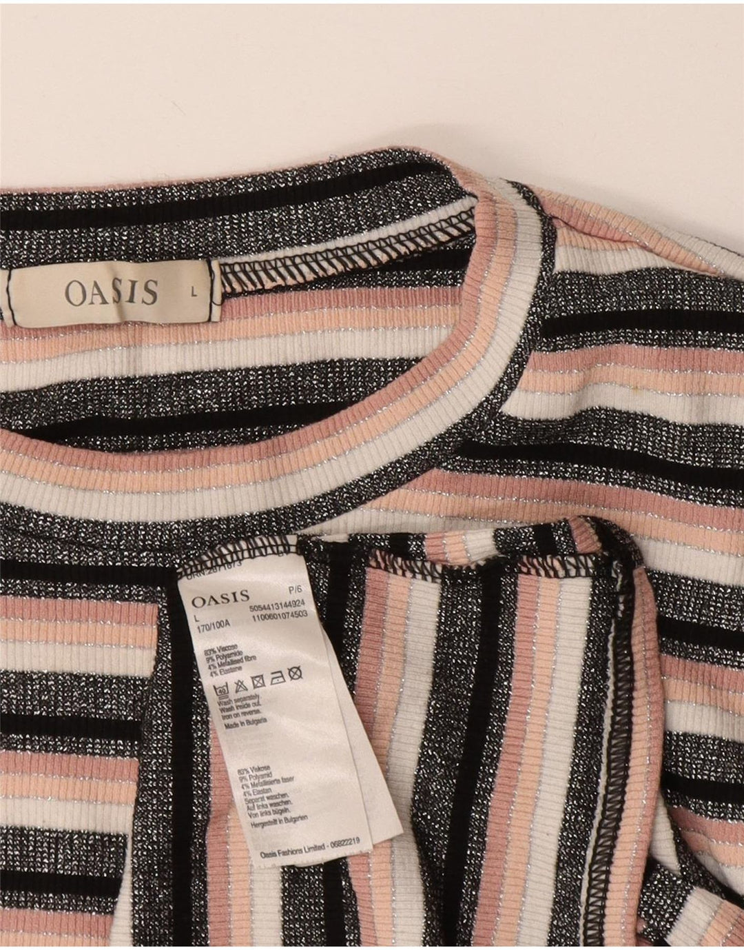 OASIS Tricou Crop Top pentru femei UK 14 Viscoză mare cu dungi negre