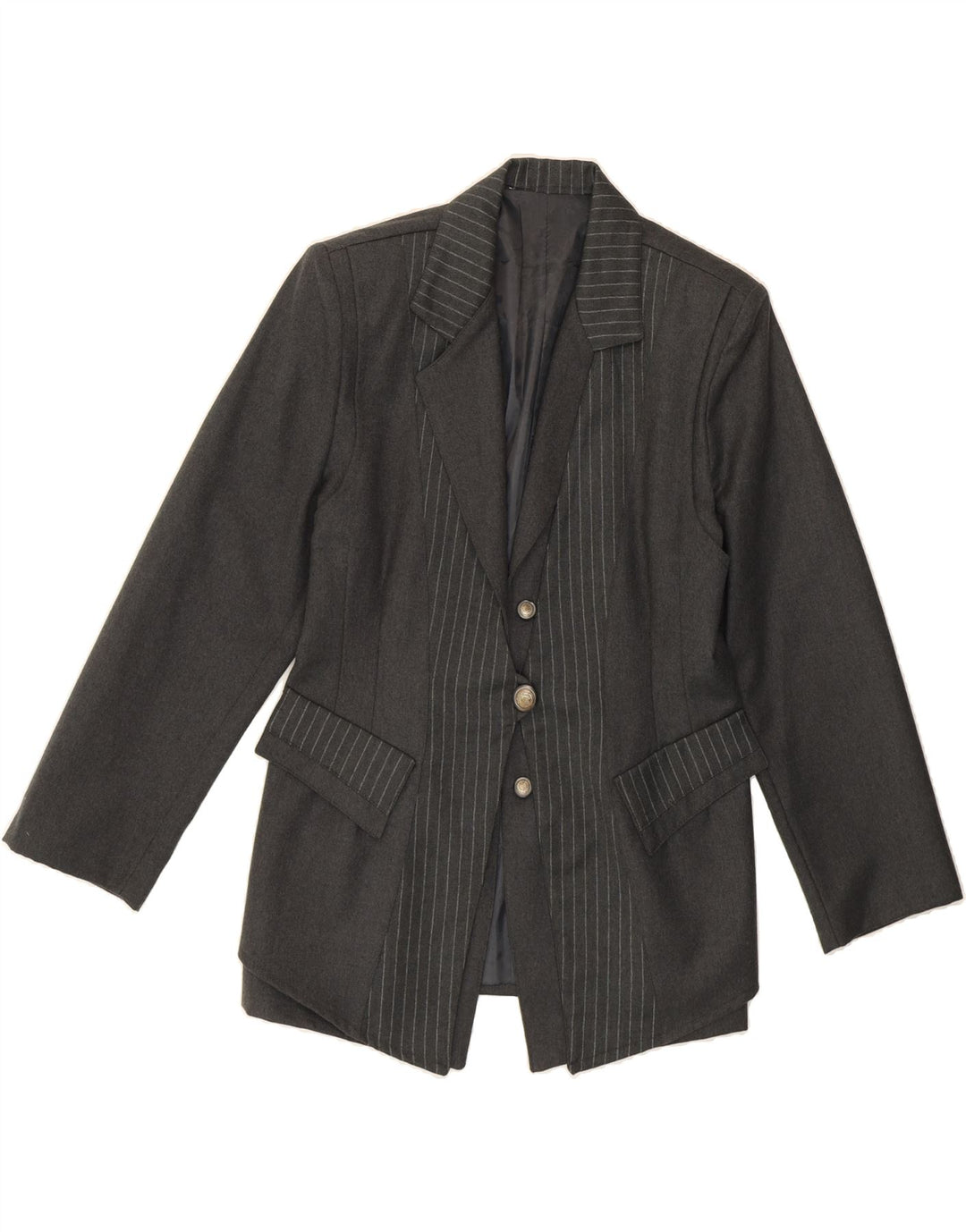 VINTAGE Womens 1 Button Blazer Jacket UK 14 Medium Grey Pinstripe Wool Vintage Vintage and Second-Hand Vintage from Messina Hembry 