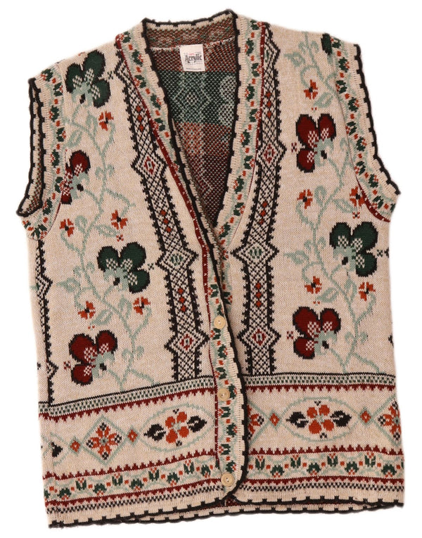 Pulover Cardigan fără mâneci Vintage pentru femei UK 14 Mare Bej Floral Acrilic