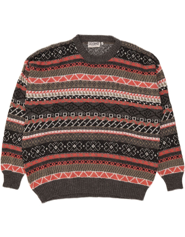 Pulover vintage pentru bărbați cu gâtul turnat mare, gri geometric, acrilic