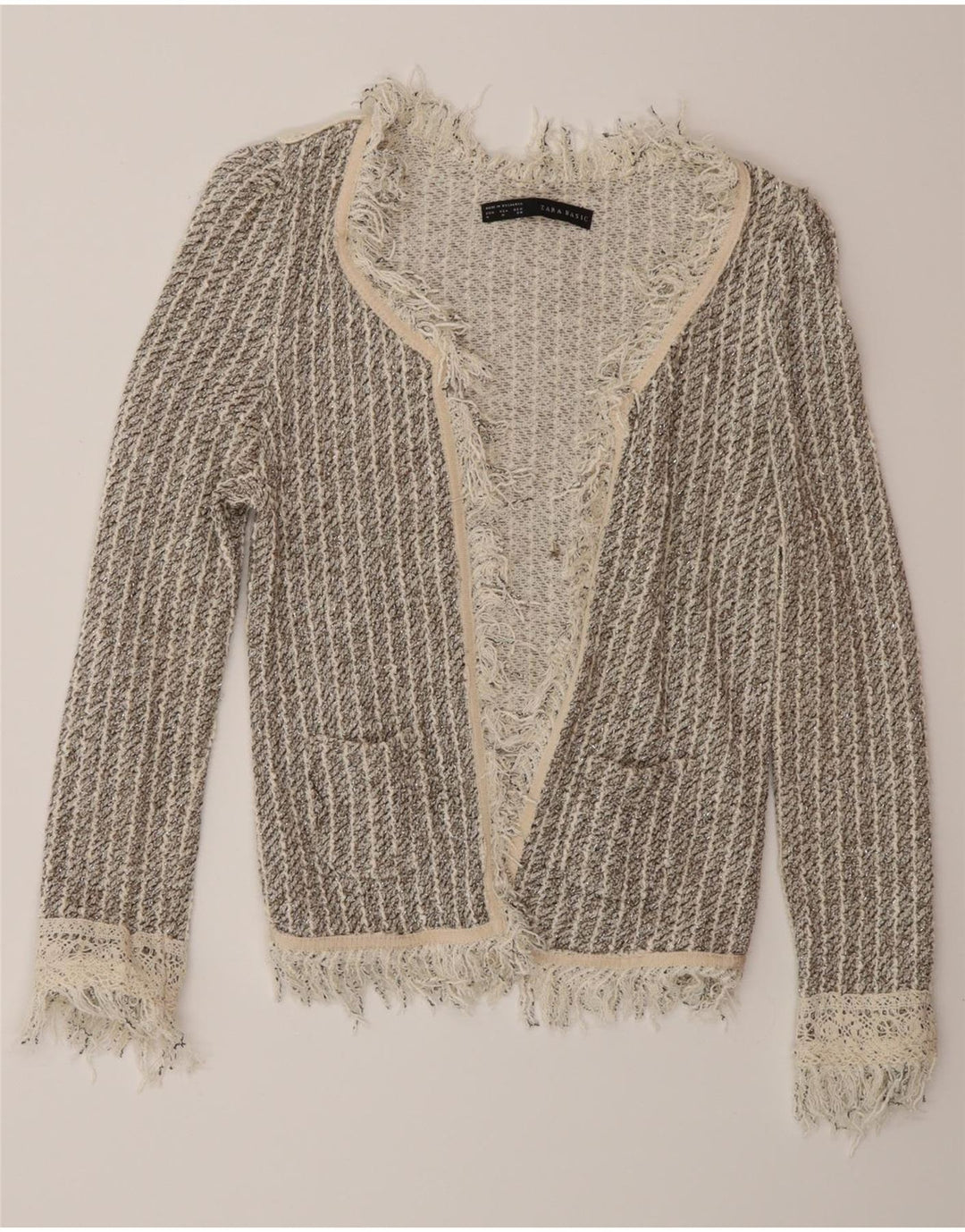 Pulover cardigan deschis pentru femei Zara UK 12 Medium Gri cu dungi