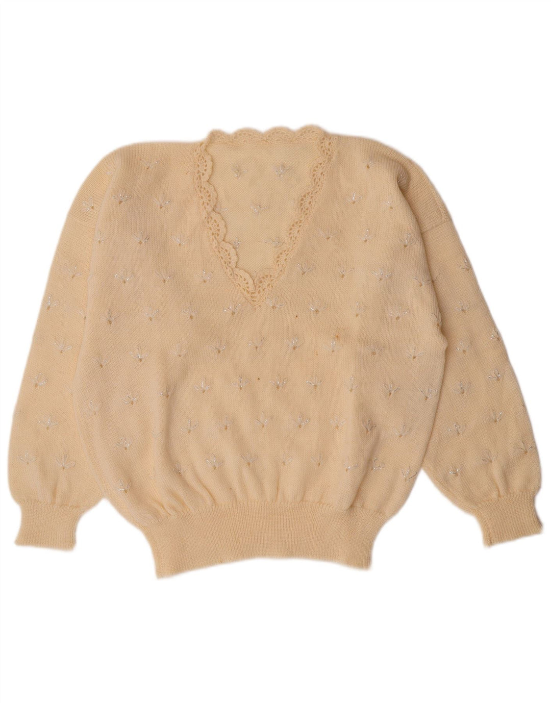 VINTAGE Pulover cu decolteu în V pentru femei UK 14 Medium Alb catifelat Floral