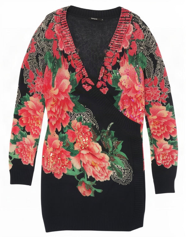 Pulover pentru femei Desigual cu paragate cu decolteu în V UK 12 Medium Black Floral