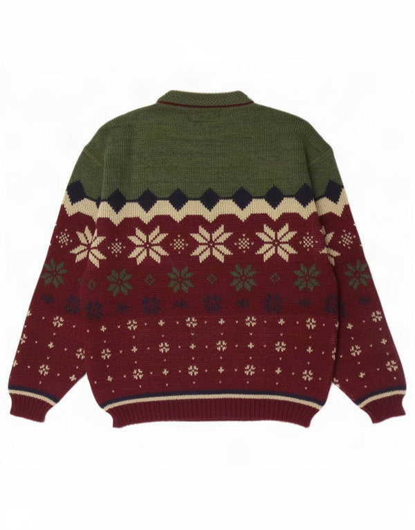 Pulover vintage pentru bărbați cu gâtul turnat XL, lână Fair Isle, verde
