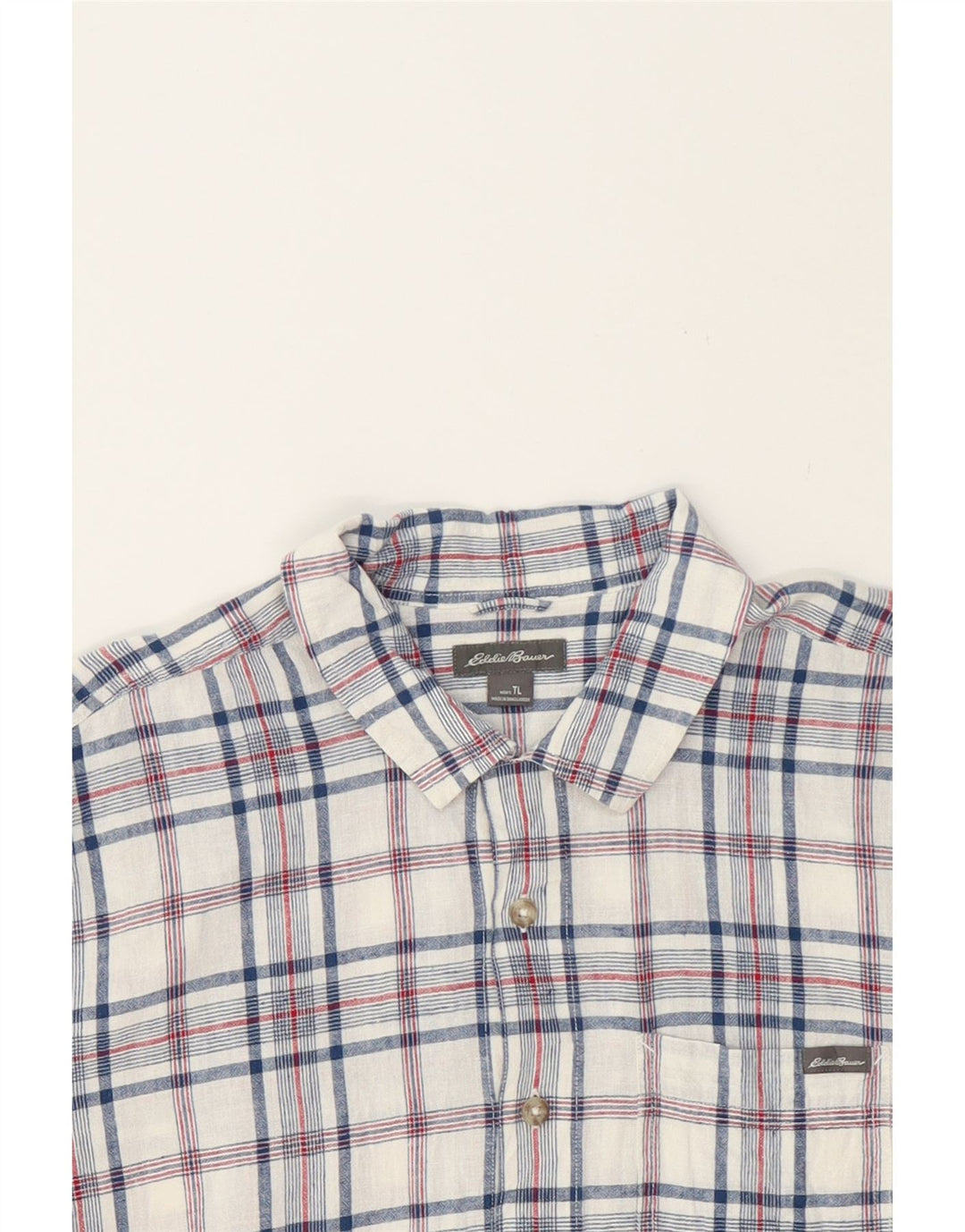 EDDIE BAUER Mens Short Sleeve Shirt Large White Check Linen Vintage Eddie Bauer and Second-Hand Eddie Bauer from Messina Hembry 