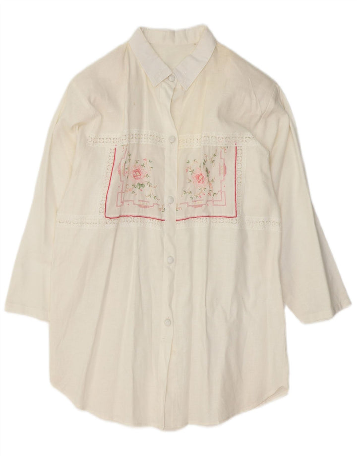 Bluză cămașă pentru femei VINTAGE cu mâneci 3/4 UK 14 Medium White Floral